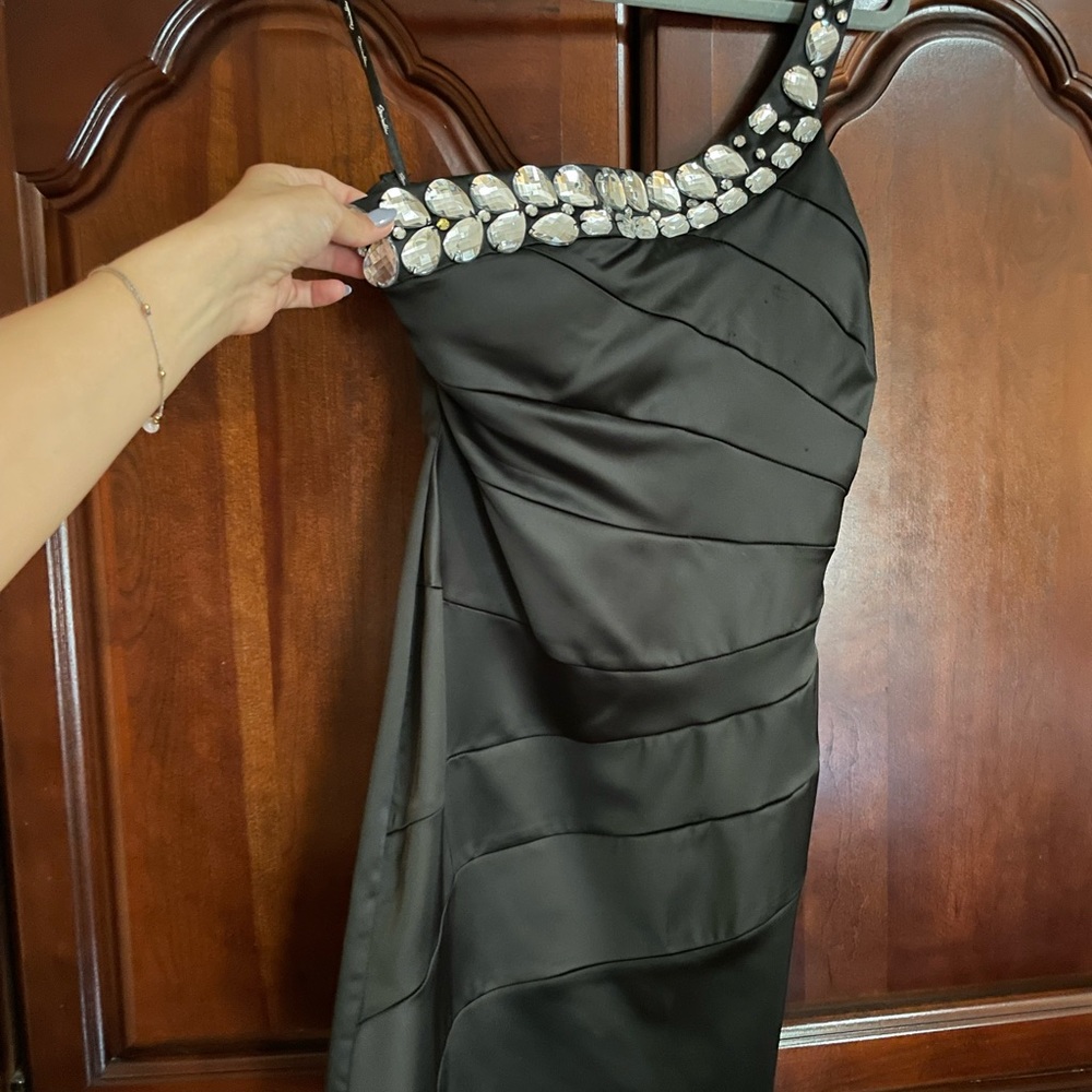 Asymmetric jeweled satin dress